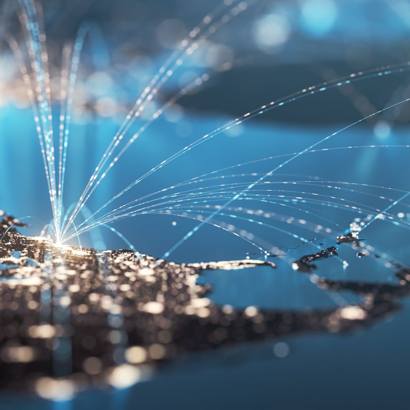 Glowing connection lines between international airports. High quality 3D rendered image created from textures by NASA.