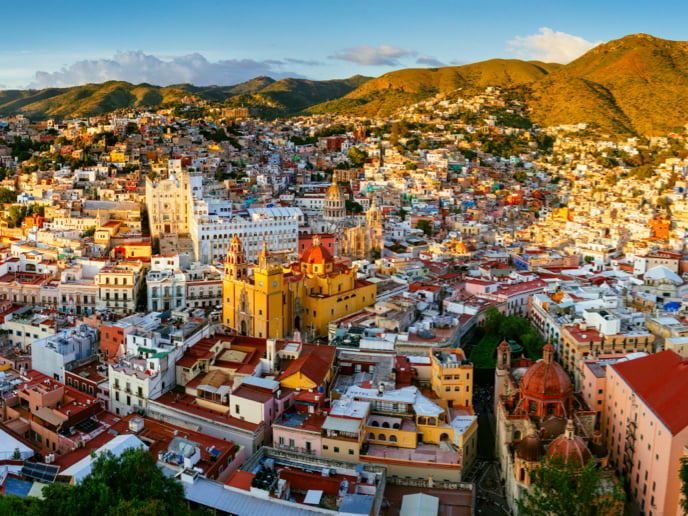 Panoramic Aerial View of Guanajuato, Mexico at sunset.