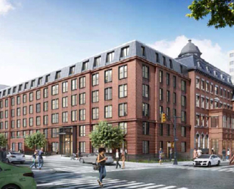 A six-story, red, brick residential building with people and cars crossing the street in front of it.